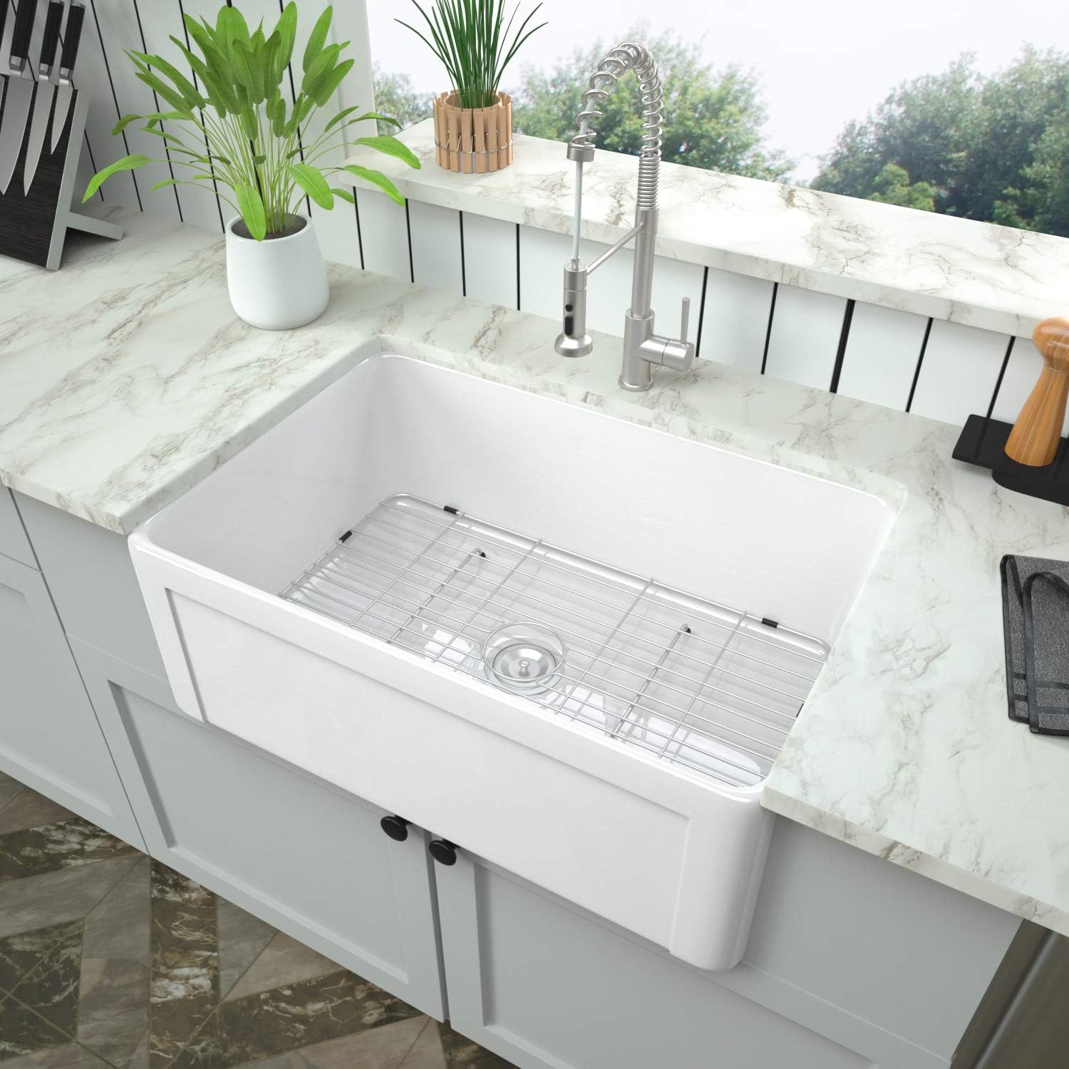 White Farmhouse Kitchen Sink - Mocoloo 30"x20"x10" Inch Undermount Flat Apron Front Fireclay Single Bowl Farm Sink With Protective Stainless Gird and Strainer, 10" Deep Basin with Offset Drain
